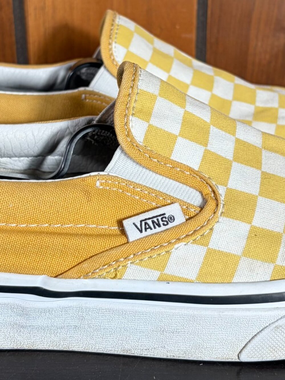 Vans Classic Slip-On Sneakers Yellow White Checkerboard Pattern Womens Sz 8.5 - Picture 2 of 9